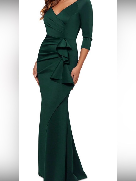 Xscape Dresses & Skirts - WORN TWICE-Xscape Emerald Green V-Neck Ruffle Gown